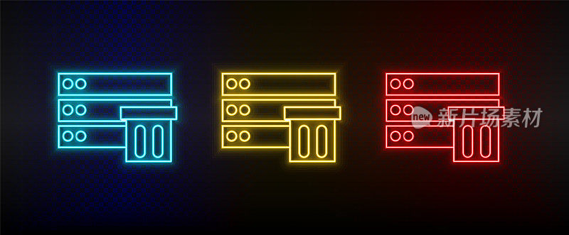 Neon icons. Database server storage. Set of red, blue, yellow neon vector icon